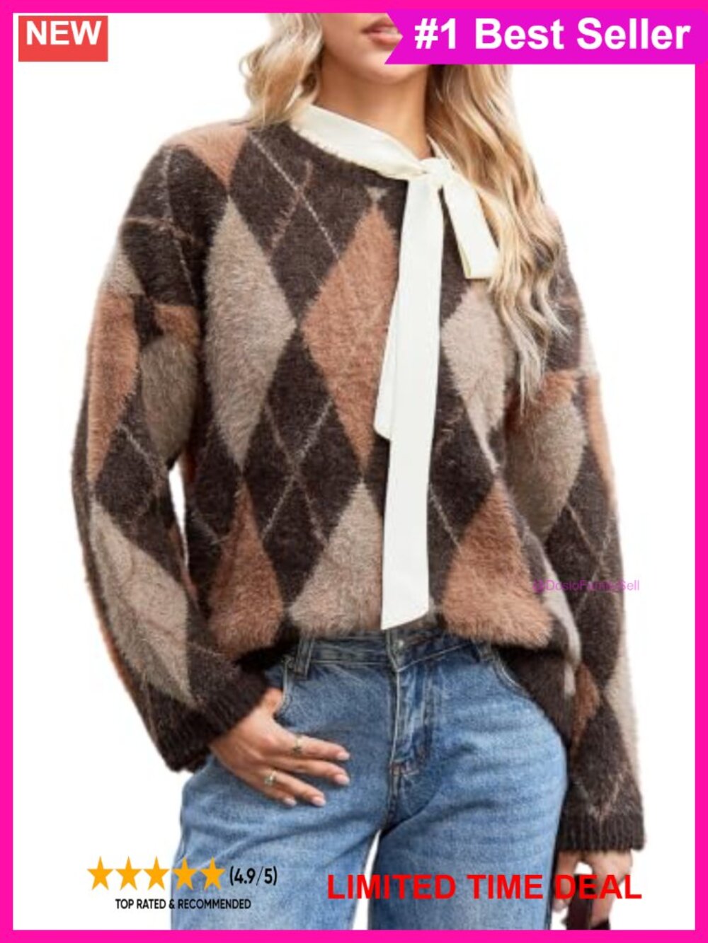 Fuzzy Knit Argyle Plaid Oversized Pullover Sweater Crew Neck Long Sleeve